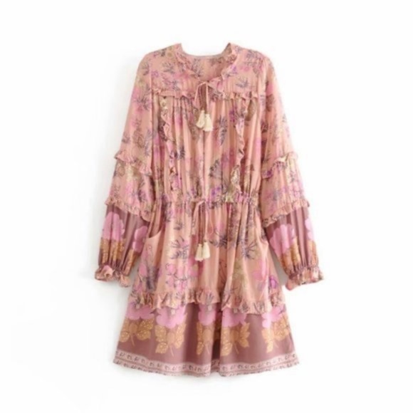 Bohemian Pink Floral Print Ruffle Sleeve Mini Dress - Picture 12 of 12